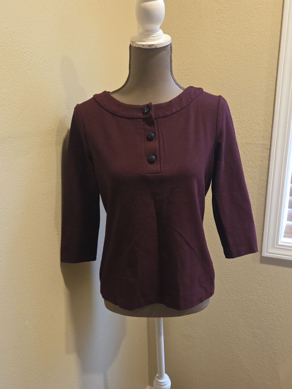 Talbots Plum Three-Quarter Sleeve Button Neck Top